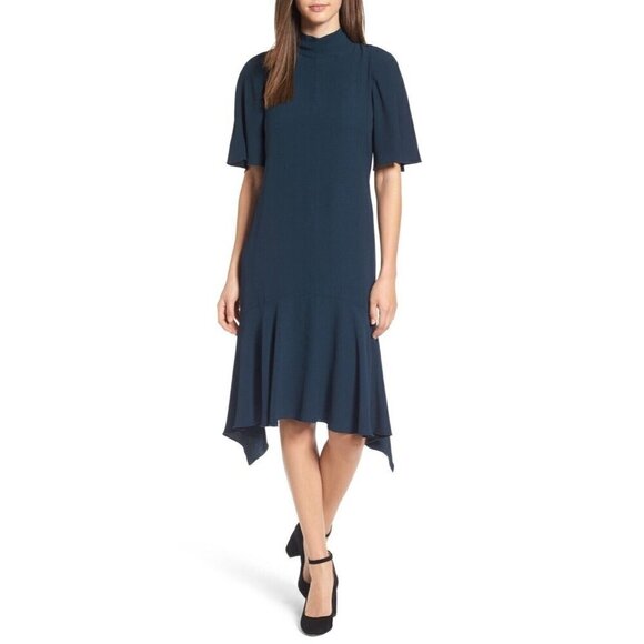 Lewit Dresses & Skirts - Lewit Women Green Scarab Mock Neck Back Tie Elbow Sleeve Rippling Dress Size 10